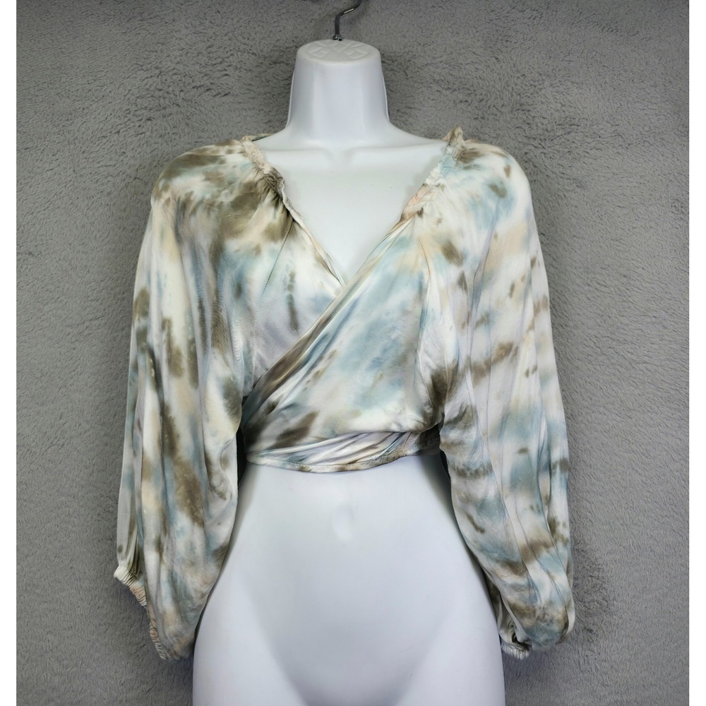 Surf Gypsy Wrap Top Womens M White Blue Satin Tie Dye Boho Festival Coastal Chic